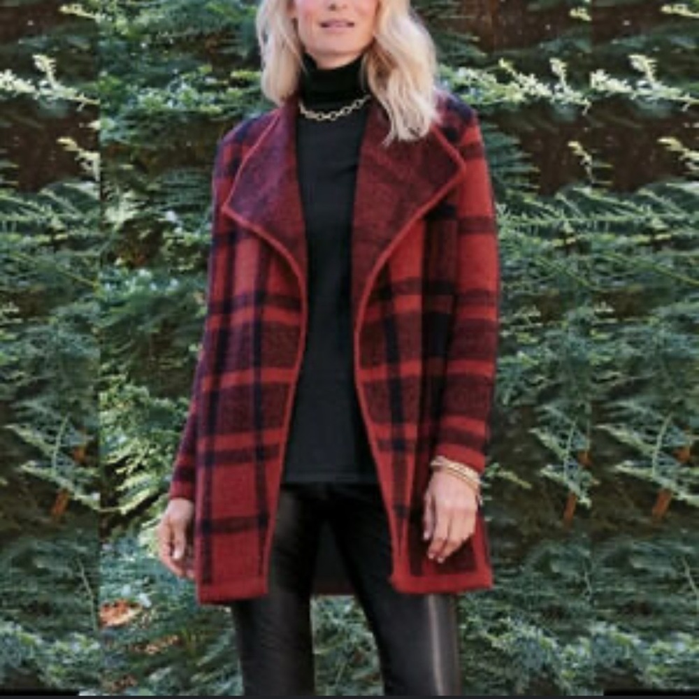 Soft Surroundings Red and Black Plaid Cardigan
